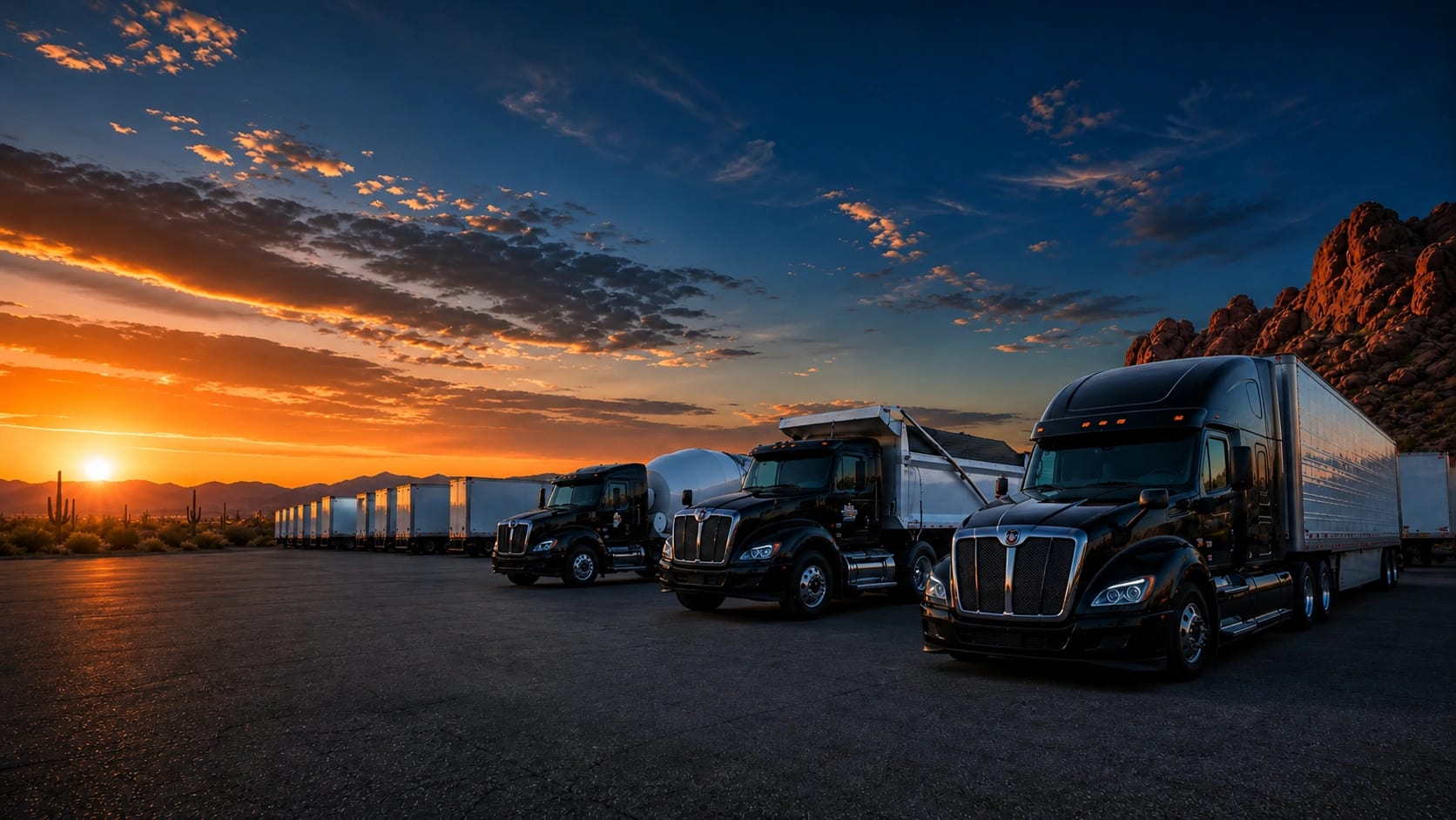 Diesel fleet trucks parked in an Arizona yard at sunset